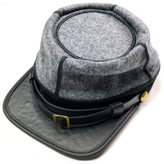 US Civil War Kepi Grey Hat with Black Band & Leather Peak | Authentic Military Cap Replica