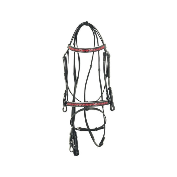 Black Leather Horse Bridle with Red Padding & Crystal Detailing | Premium Equestrian Tack