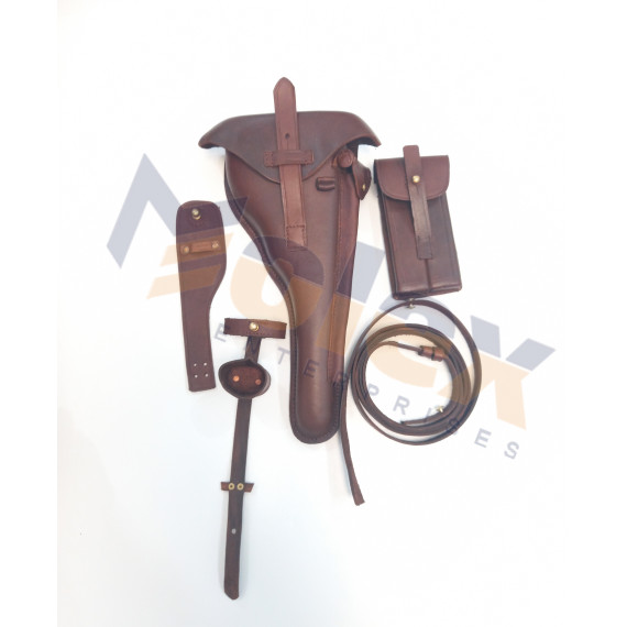 WWI German P08 Artillery Luger Holster Set Dark Brown Leather Reproduction | Military Replica Gear