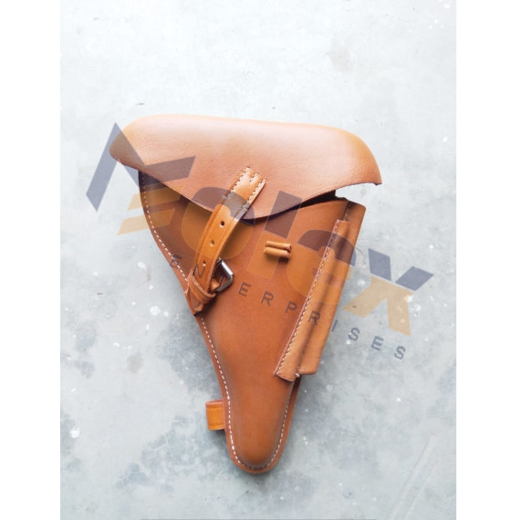 WW2 German P08 Hard Shell Holster Brown Leather – Premium Replica Military Luger Holster